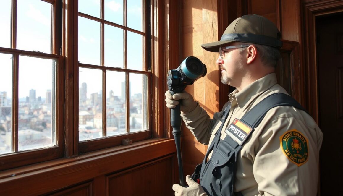 Professional termite inspector examining a Baltimore home for termite damage