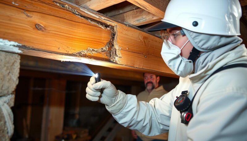 Emergency Termite Control in Little Rock AR - worker inspecting damaged wood