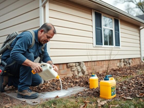 Termite treatment being applied to a Des Moines home foundation
