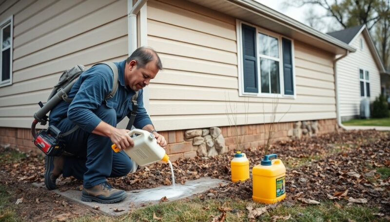 Termite treatment being applied to a Des Moines home foundation